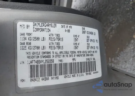 2000 Jeep Cherokee Sport z USA, uszkodzony, nr VIN 1J4FT48SXYL252258